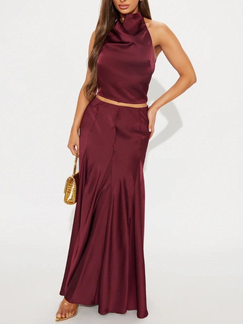Wine Satin Halter Maxi Skirt Set – Women’s Size [MEDIUM] – Two Piece Formal Set